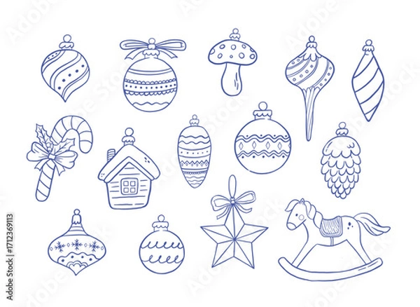 Obraz Hand draw retro set of decorations, balls, star, toy, candy vector illustration. Holidays decor in doodle style. New Year design.