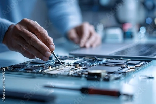 Obraz Skilled Technician Repairing a Laptop Motherboard with Precision Tools.