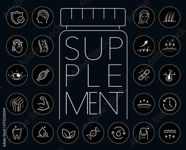Fototapeta Vitality icon set for supplement, human-improving products.The outline icons are well scalable and editable. Contrasting elements are good for different backgrounds. EPS10.