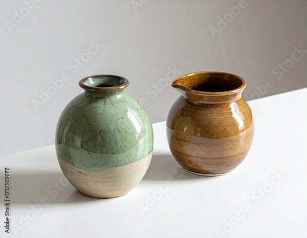 Fototapeta Title:
Two ceramic vases on white surface, one green and beige, one brown with trough