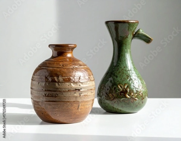 Fototapeta Title:
Two ceramic vases on white surface with brown, beige, and green colors, floral patterns