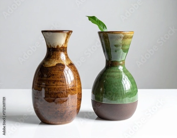 Fototapeta Title:
Two ceramic vases on white surface with brown and green tones