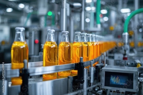 Obraz Industrial beverage factory production line with glass bottles on conveyor belt.