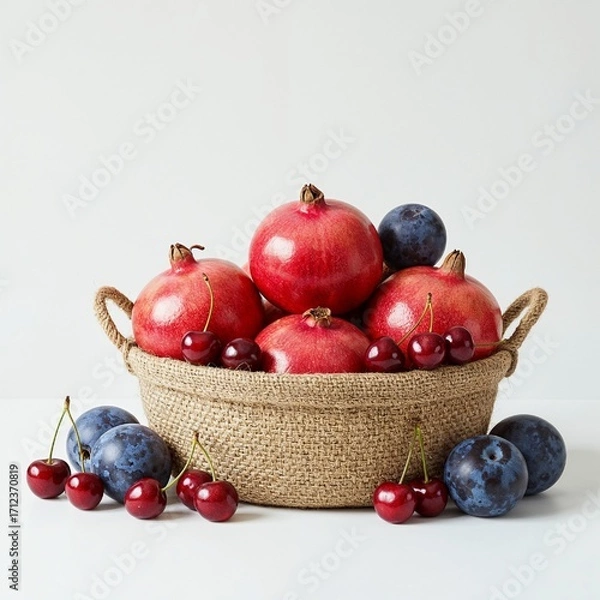 Fototapeta Natural jute basket filled with pomegranates cherries and plums