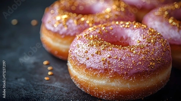 Fototapeta Delicious pink frosted donuts adorned with shimmering gold flakes presented on a dark textured surface