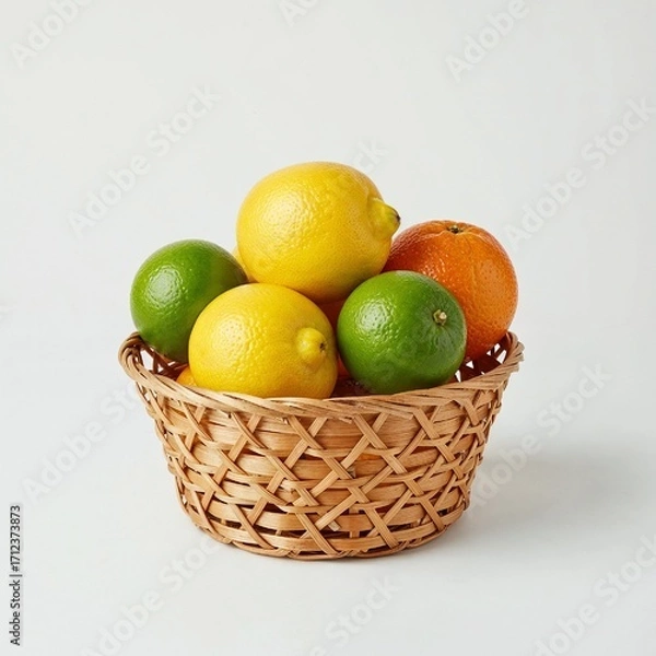 Fototapeta Small round basket filled with citrus fruits lemons limes mandarins