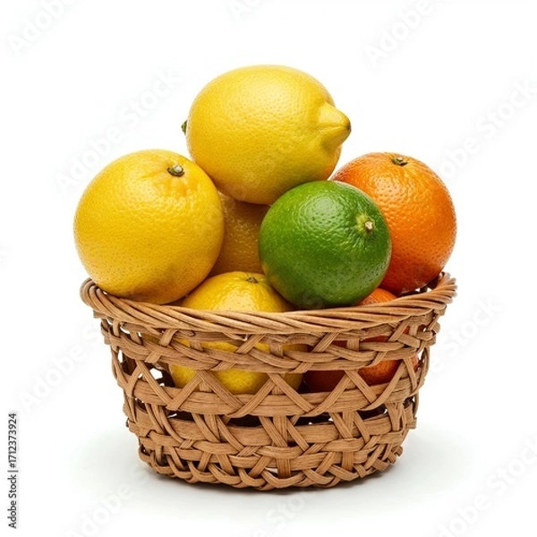 Fototapeta Small round basket filled with citrus fruits lemons limes mandarins