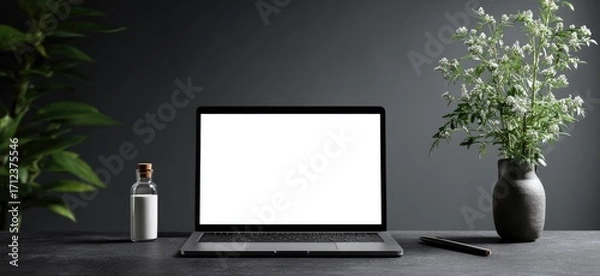 Obraz Laptop on desk with plants and accessories.