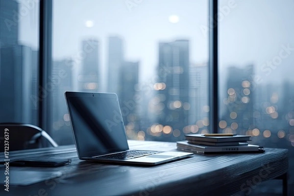 Obraz Laptop on desk with city view, modern office workspace.