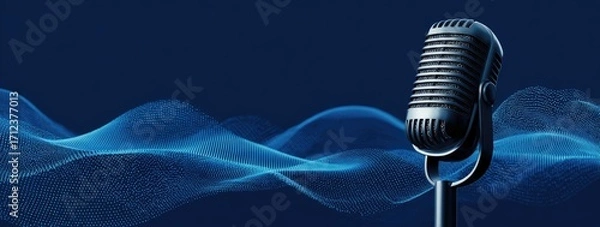 Obraz Vintage Microphone on Blue Background with Sound Waves.