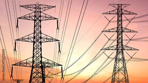 Fototapeta Power Grid Pylons at Sunset: The dramatic silhouettes of towering power pylons reaching towards the vibrant hues of the setting sun, a symbol of power, energy, and technological infrastructure.