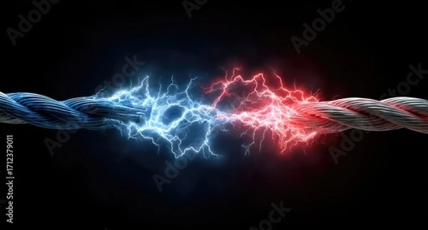 Obraz Electric energy clash between two ropes, blue and red sparks.