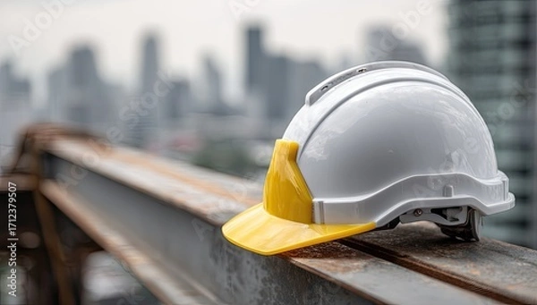 Obraz Construction workers white safety helmet with yellow visor on a wooden beam.