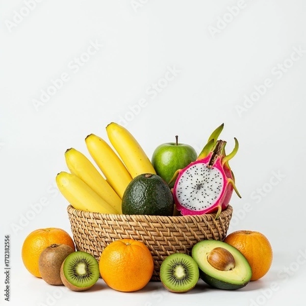 Fototapeta Healthy lifestyle basket with bananas dragon fruit avocado and kiwi on white background