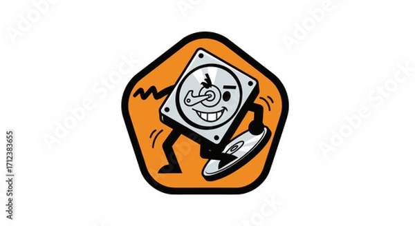Fototapeta Funny cartoon hard drive character dancing with a computer mouse.