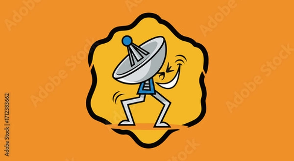 Fototapeta Animated satellite dish character dancing with joy and excitement on orange background.