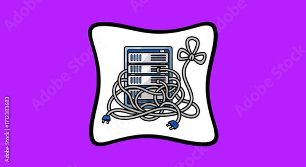 Fototapeta Hand drawn illustration of a server rack with messy tangled cables.