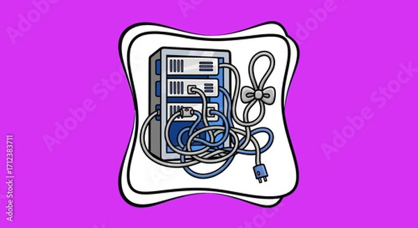 Fototapeta Illustration of a server rack with tangled computer cables and network complexity.
