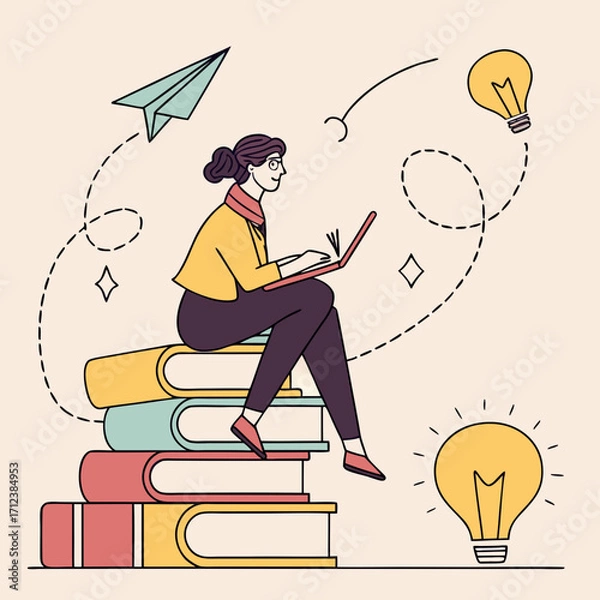 Fototapeta Woman sitting on stacked books using a laptop, surrounded by creative elements like a paper plane and lightbulb, on a pastel background. Concept of education and learning. Vector .