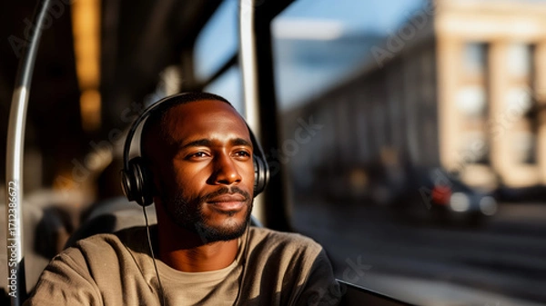 Fototapeta importance of music and listening to favorite shows on a smartphone, portrait of a young African American man riding the bus enjoying his favorite music using a smartphone