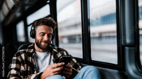 Fototapeta man with a smartphone and headphones smiles as he listens to music on his way to work. The smartphone as a means of communicating with the world and creating personal space in the urban environment