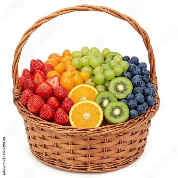 Fototapeta Decorative basket with mixed seasonal fruits in rainbow color order on white background