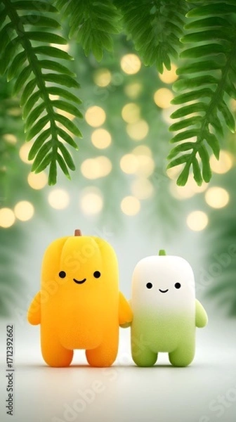 Obraz Joy Monster Pumpkin Cute plush characters surrounded by greenery and warm lights create a whimsical atmosphere.