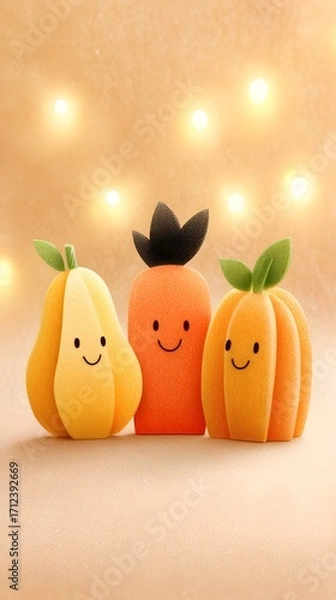 Obraz Joy Monster Pumpkin Cute cartoon fruit characters with smiling faces against a soft background.