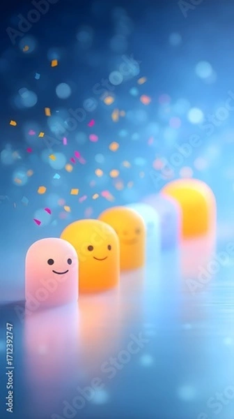 Obraz Joy Monster Pumpkin Colorful, animated characters with smiles float in a dreamy blue background with confetti.