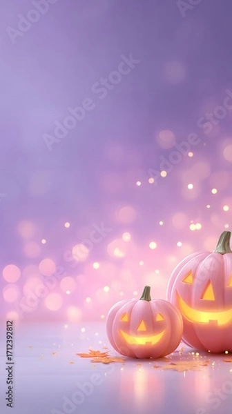 Obraz Joy Monster Pumpkin Three glowing pumpkins against a purple background with bokeh lights create a festive atmosphere.