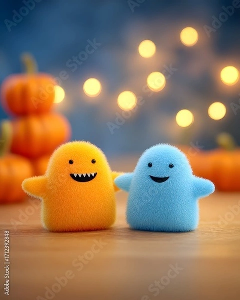 Obraz Joy Monster Pumpkin Two colorful, fluffy creatures with happy expressions against a festive background.