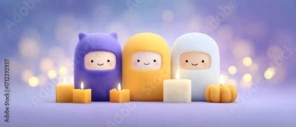 Obraz Joy Monster Pumpkin Three cute characters with candles and pumpkins in a whimsical, colorful setting.