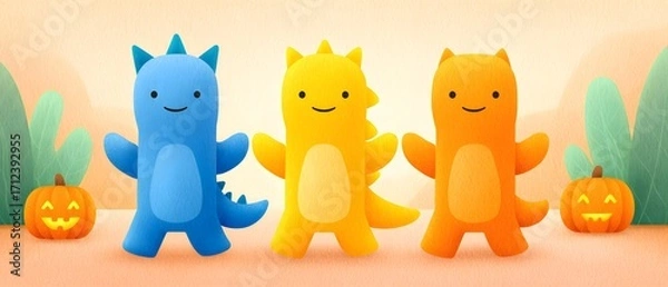 Obraz Joy Monster Pumpkin Three cute, colorful monster toys with pumpkins in a playful setting.