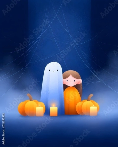 Obraz Joy Monster Pumpkin Whimsical illustration of a ghost and girl among pumpkins and candles in a spooky setting.