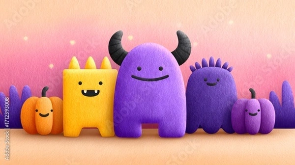 Obraz Joy Monster Pumpkin Colorful cartoon monsters and pumpkins with a whimsical background.