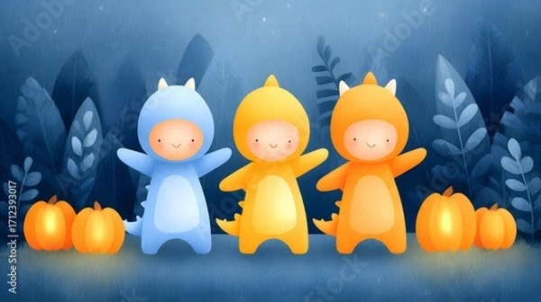 Obraz Joy Monster Pumpkin Three children in colorful dinosaur costumes stand among pumpkins in a whimsical setting.