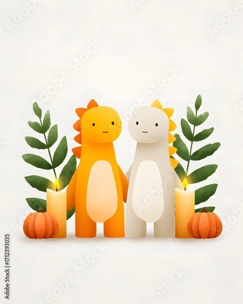 Obraz Joy Monster Pumpkin Two cartoon dinosaurs surrounded by foliage, candles, and pumpkins in a whimsical setting.
