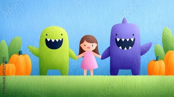 Obraz Joy Monster Pumpkin A girl holds hands with two colorful monsters in a playful, cartoonish scene surrounded by pumpkins.