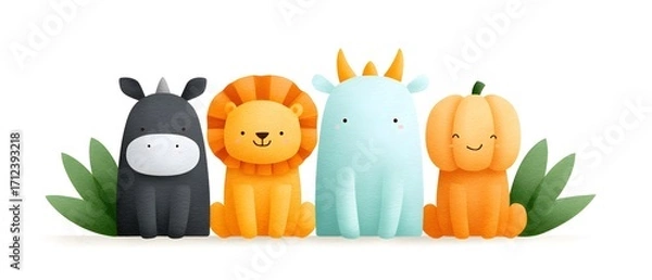 Obraz Joy Monster Pumpkin Cute cartoon animals including a lion, goat, pumpkin, and zebra with green leaves in the background.