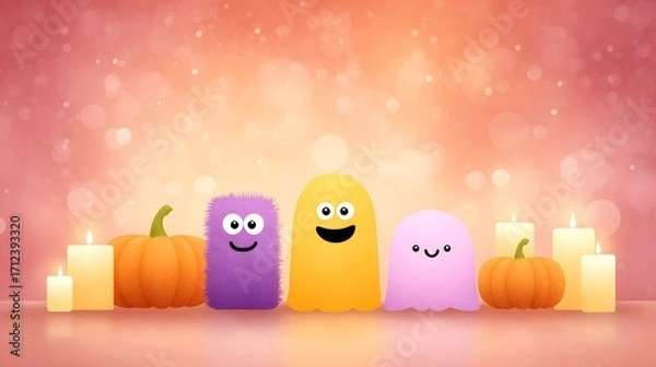 Obraz Joy Monster Pumpkin Cheerful cartoon ghosts and pumpkins with candles on a festive background.