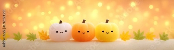 Obraz Joy Monster Pumpkin Three cute pumpkins with smiling faces against a warm, sparkling autumn background.