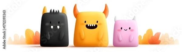 Obraz Joy Monster Pumpkin Colorful cartoon monsters with playful expressions against a light background.
