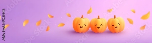 Obraz Joy Monster Pumpkin Three happy pumpkins with falling leaves on a purple background.