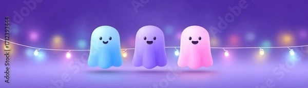 Obraz Joy Monster Pumpkin Colorful cartoon ghosts with smiling faces and festive lights in a playful atmosphere.