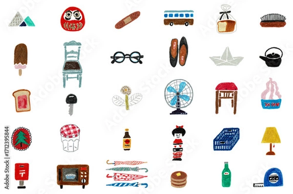 Fototapeta かわいい雑貨の手描きイラスト素材集