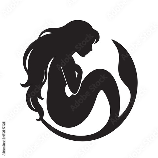 Fototapeta Stylized black silhouette of a mermaid curled within a circle isolated on white background