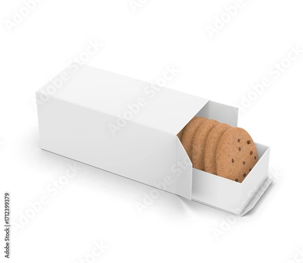 Fototapeta Blank 3D render illustration of a sliding cookie box packaging mockup with biscuits inside. The blank white cardboard pack features a pull-out tray design.