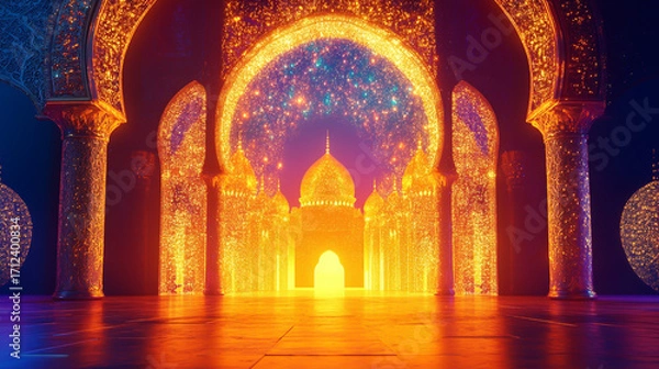 Fototapeta A stunning golden palace with intricate arches and sparkling lights, creating a magical and enchanting atmosphere reminiscent of arabian nights fantasies