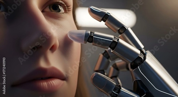 Fototapeta Human Face Interaction With Robotic Arm Artificial Intelligence and Future Tech