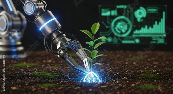 Fototapeta Robotic Hand Nurturing a Plant with Digital Display